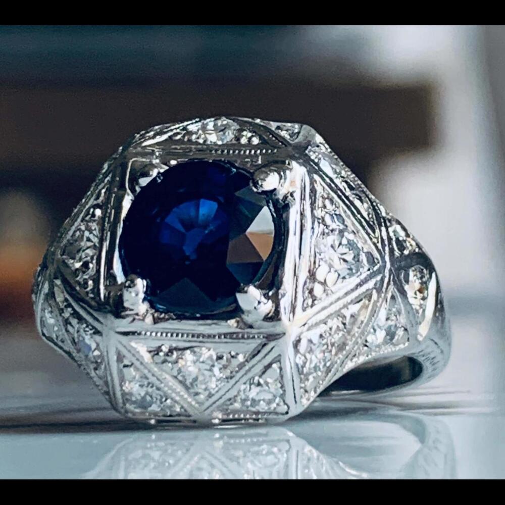 Sapphire Ring Platinum Old Cut Diamond Edwardian Engagement Ring Platinum 1910s - Picture 8 of 9